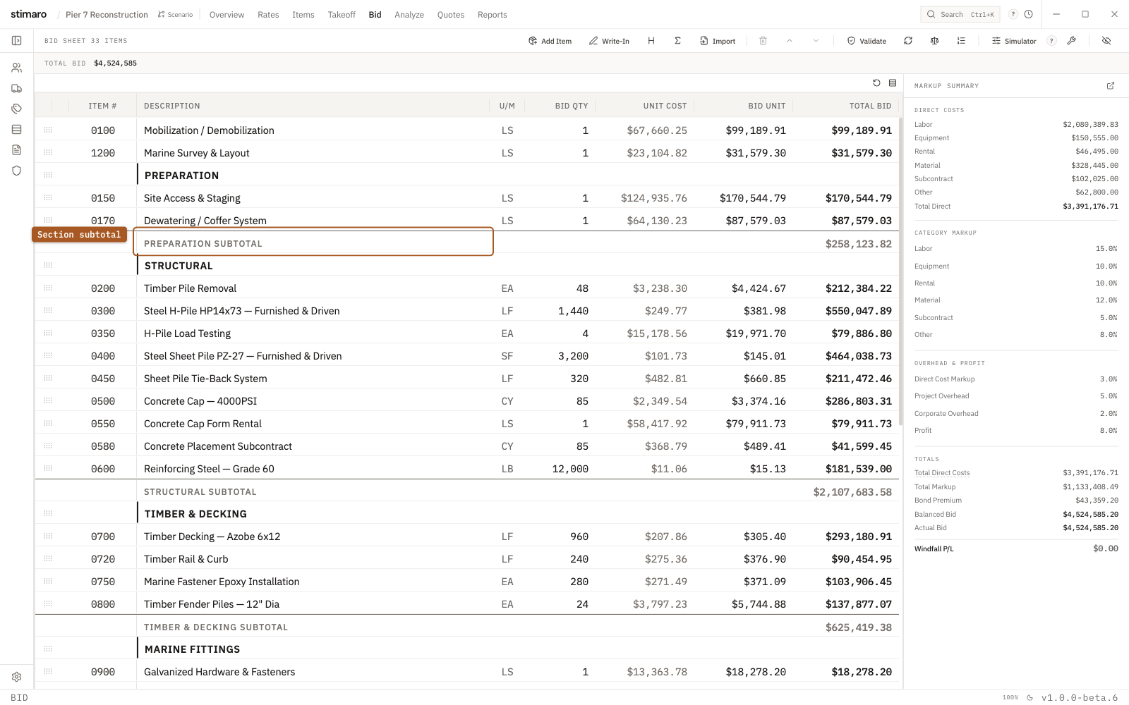 A Stimaro bid sheet grouped into sections with subtotals