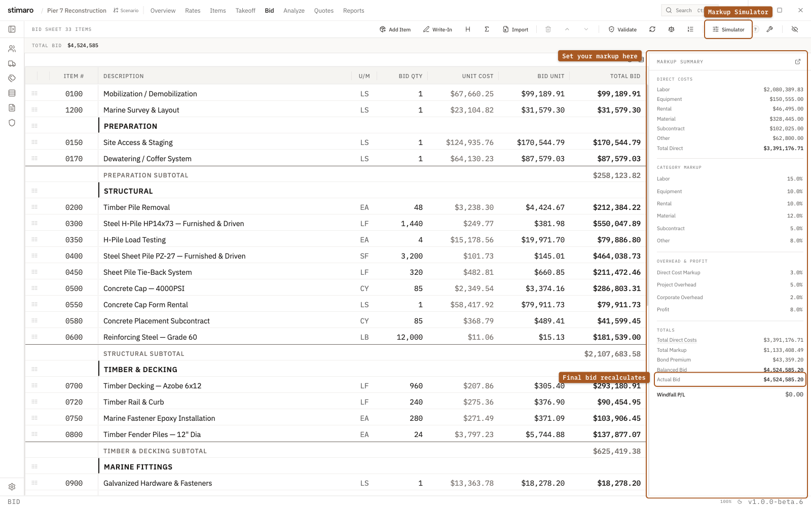 The Totals section of the Stimaro Markup panel