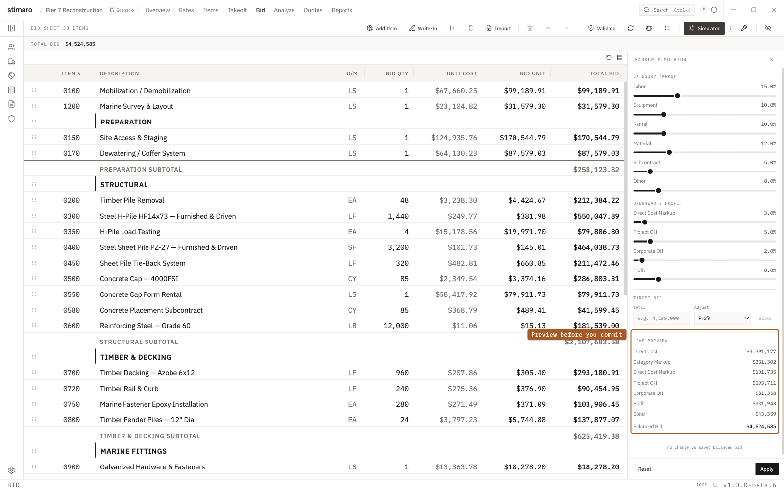 The Markup Simulator panel in Stimaro