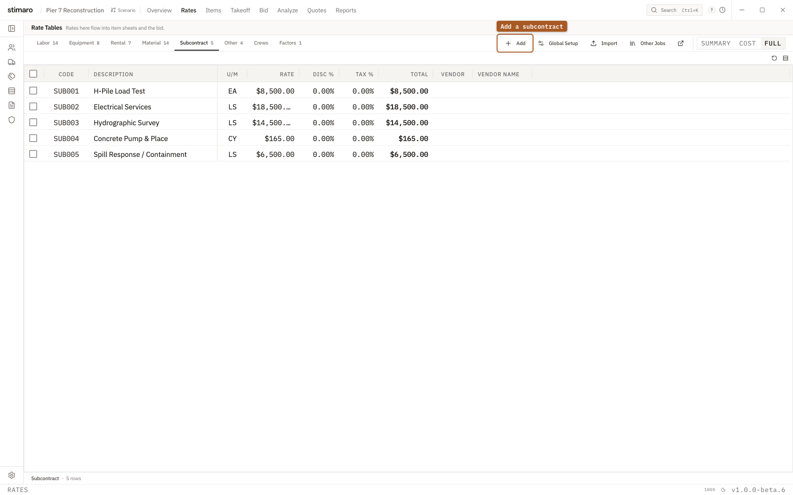 The Subcontract rate table in Stimaro