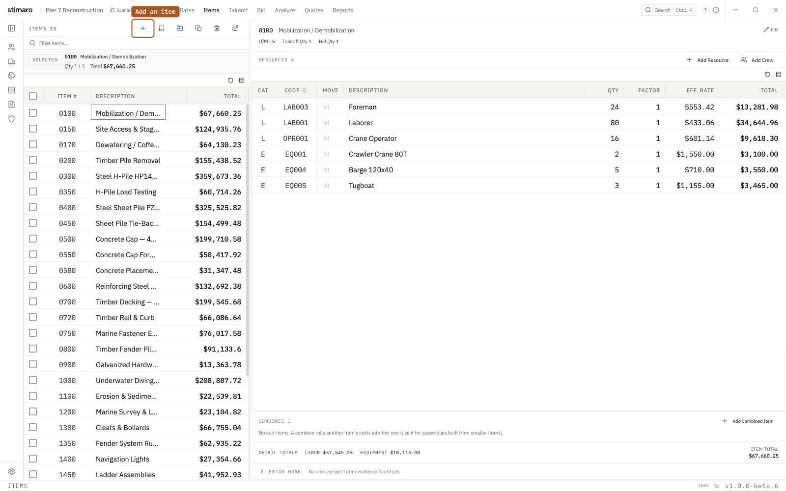 The Items tab in Stimaro showing the item list and a selected item